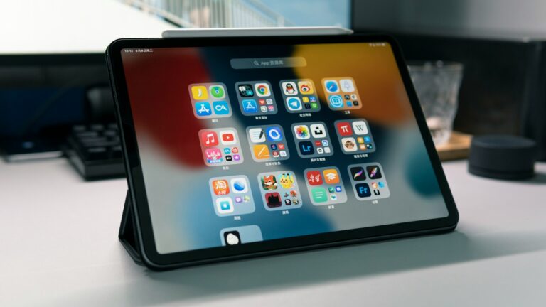 a tablet computer sitting on top of a table